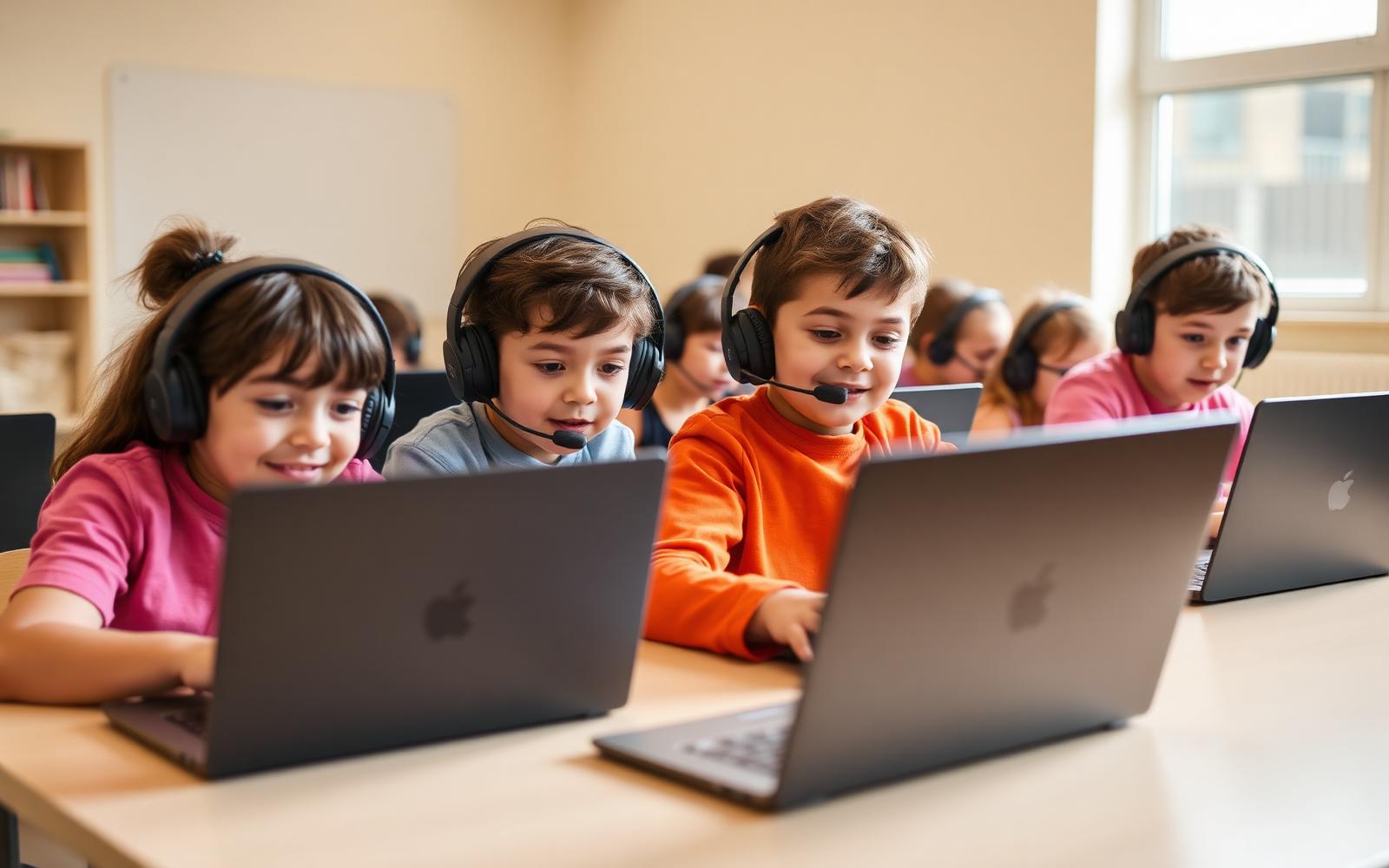 Students learning on laptops in a bright classroom
